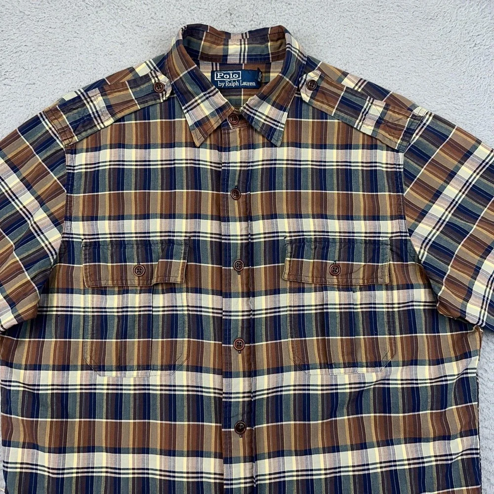 Polo Ralph Lauren Shirt Mens Medium Brown Blue Plaid Short Sleeve Button Up‎